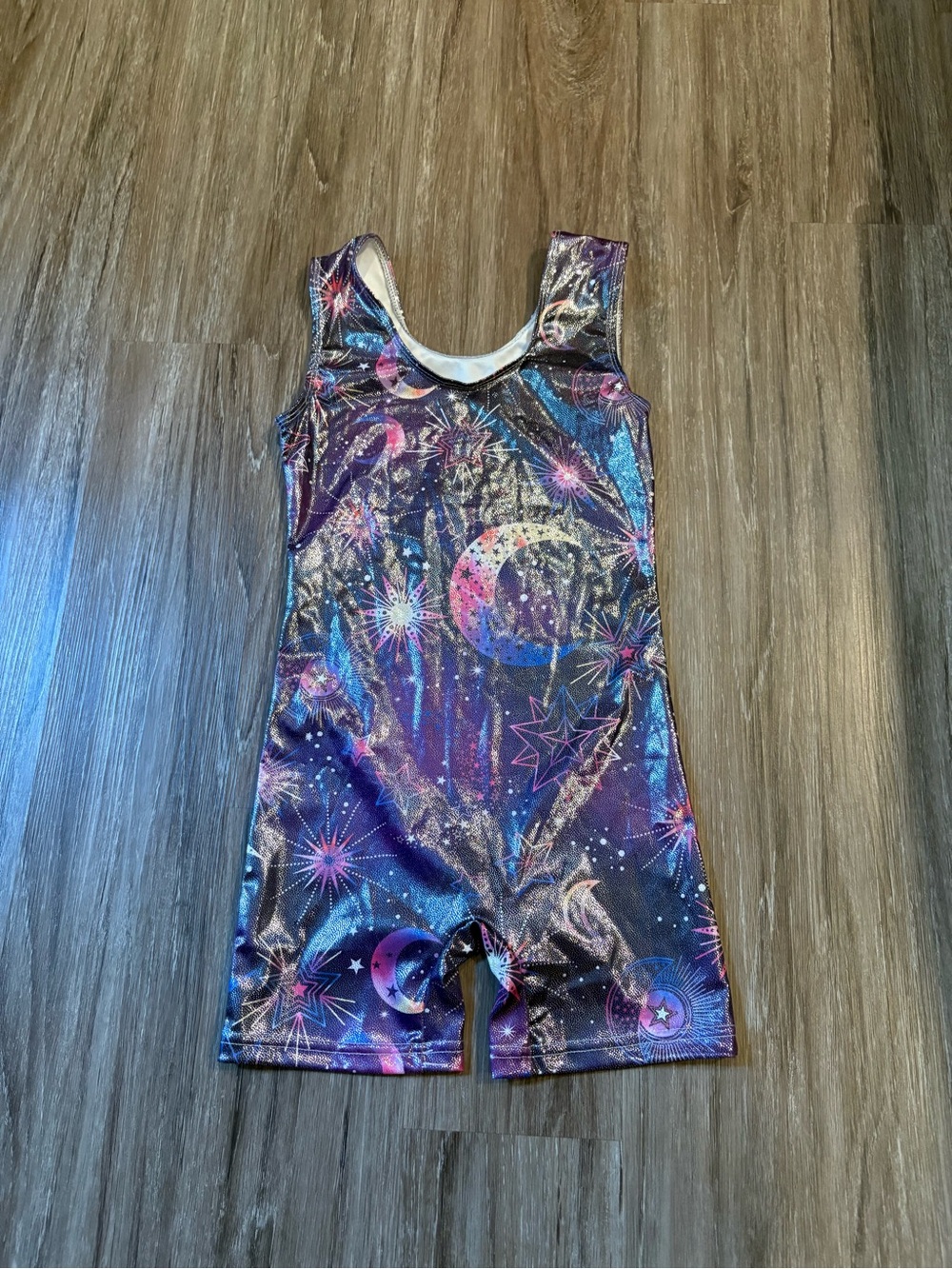 Celestial Moon & Star Metallic Gymnastics Leotard - Purple Pink Blue